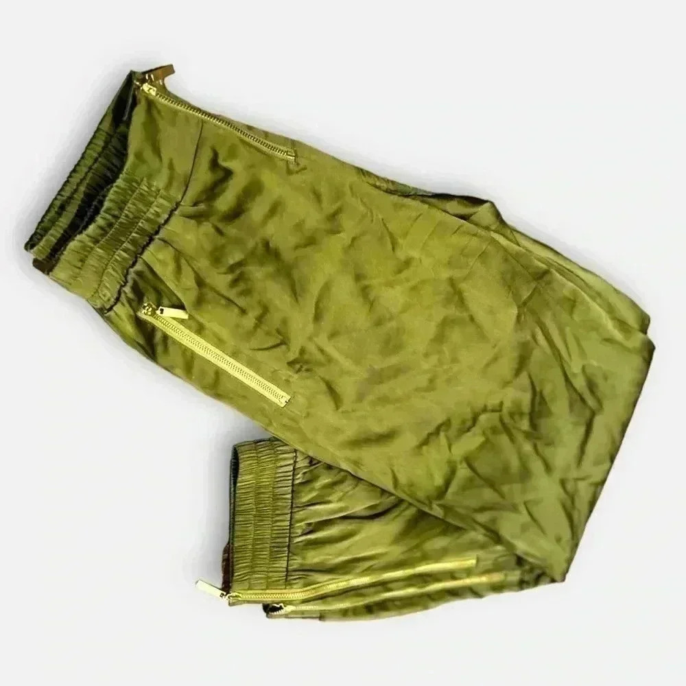 NWOT Silky Green Jogger Pant with Gold Zipper Details